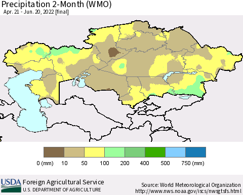 Kazakhstan Precipitation 2-Month (WMO) Thematic Map For 4/21/2022 - 6/20/2022