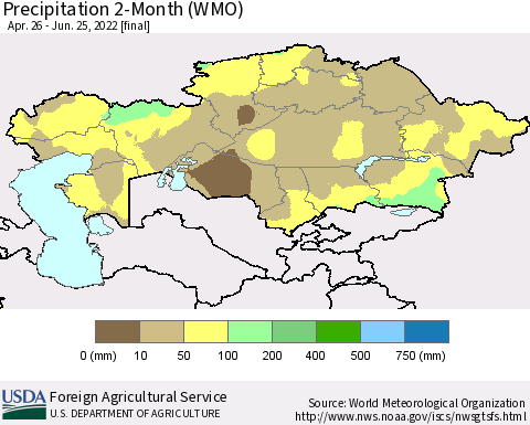 Kazakhstan Precipitation 2-Month (WMO) Thematic Map For 4/26/2022 - 6/25/2022
