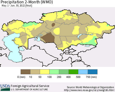 Kazakhstan Precipitation 2-Month (WMO) Thematic Map For 5/1/2022 - 6/30/2022