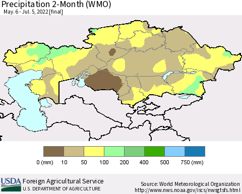 Kazakhstan Precipitation 2-Month (WMO) Thematic Map For 5/6/2022 - 7/5/2022