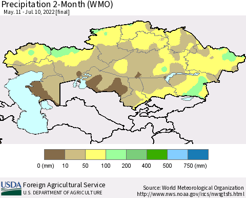 Kazakhstan Precipitation 2-Month (WMO) Thematic Map For 5/11/2022 - 7/10/2022