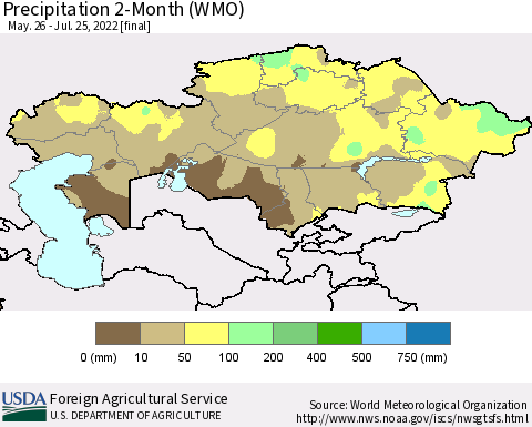 Kazakhstan Precipitation 2-Month (WMO) Thematic Map For 5/26/2022 - 7/25/2022