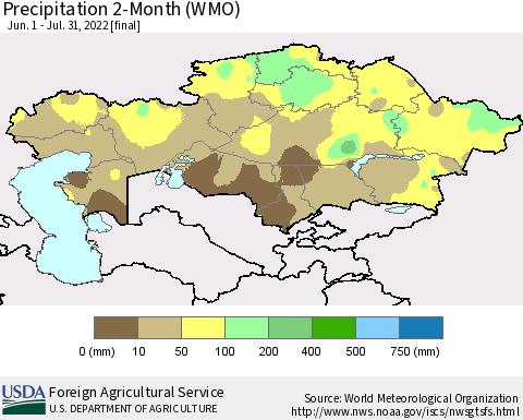 Kazakhstan Precipitation 2-Month (WMO) Thematic Map For 6/1/2022 - 7/31/2022