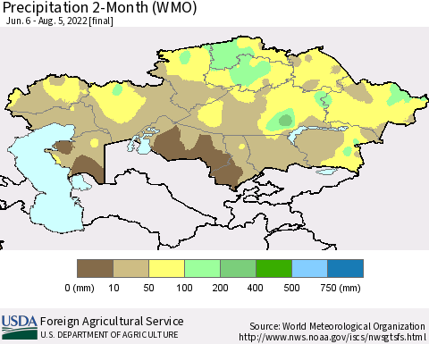 Kazakhstan Precipitation 2-Month (WMO) Thematic Map For 6/6/2022 - 8/5/2022
