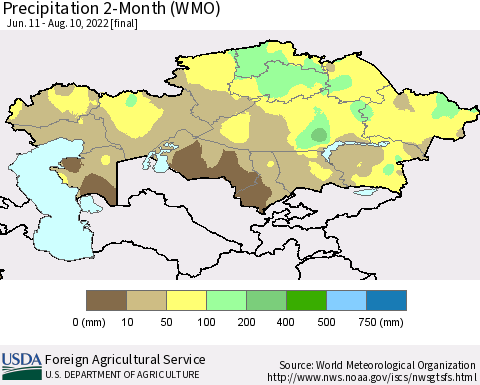 Kazakhstan Precipitation 2-Month (WMO) Thematic Map For 6/11/2022 - 8/10/2022