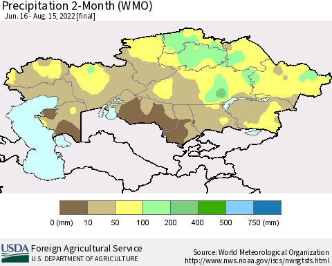 Kazakhstan Precipitation 2-Month (WMO) Thematic Map For 6/16/2022 - 8/15/2022