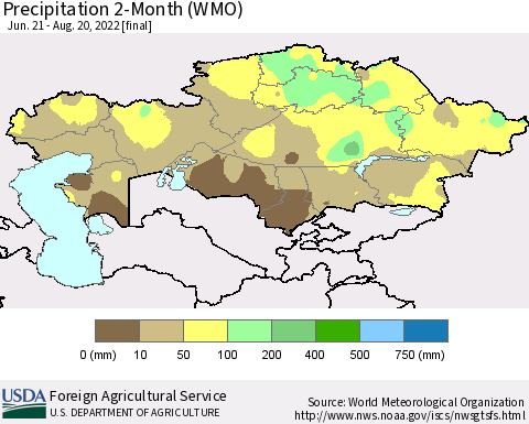 Kazakhstan Precipitation 2-Month (WMO) Thematic Map For 6/21/2022 - 8/20/2022