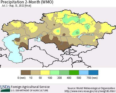 Kazakhstan Precipitation 2-Month (WMO) Thematic Map For 7/1/2022 - 8/31/2022
