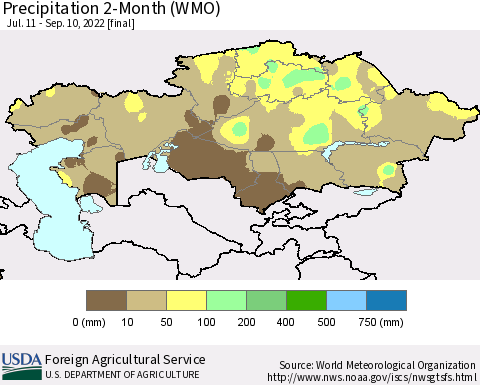 Kazakhstan Precipitation 2-Month (WMO) Thematic Map For 7/11/2022 - 9/10/2022