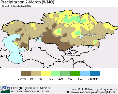 Kazakhstan Precipitation 2-Month (WMO) Thematic Map For 7/16/2022 - 9/15/2022