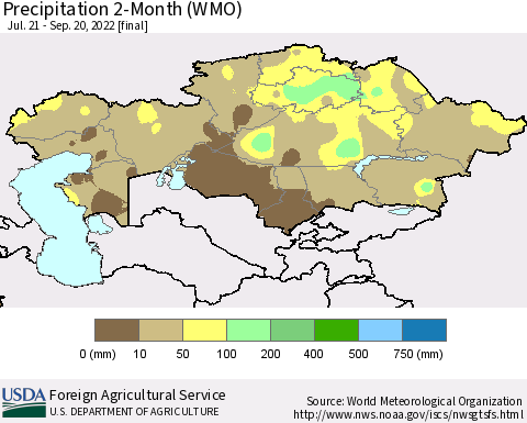 Kazakhstan Precipitation 2-Month (WMO) Thematic Map For 7/21/2022 - 9/20/2022