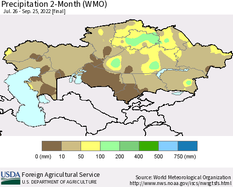 Kazakhstan Precipitation 2-Month (WMO) Thematic Map For 7/26/2022 - 9/25/2022
