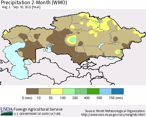 Kazakhstan Precipitation 2-Month (WMO) Thematic Map For 8/1/2022 - 9/30/2022