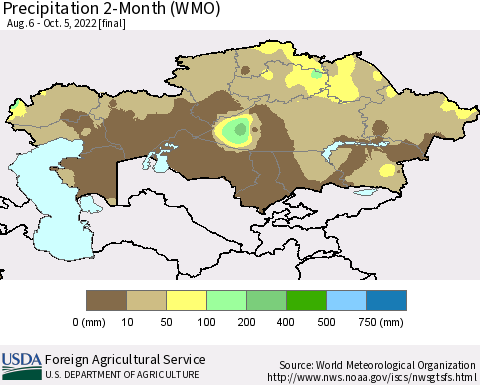 Kazakhstan Precipitation 2-Month (WMO) Thematic Map For 8/6/2022 - 10/5/2022