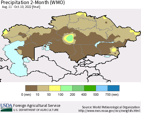 Kazakhstan Precipitation 2-Month (WMO) Thematic Map For 8/11/2022 - 10/10/2022