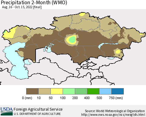 Kazakhstan Precipitation 2-Month (WMO) Thematic Map For 8/16/2022 - 10/15/2022