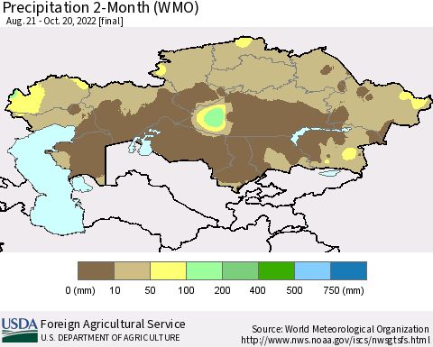 Kazakhstan Precipitation 2-Month (WMO) Thematic Map For 8/21/2022 - 10/20/2022