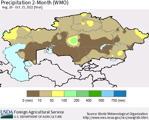 Kazakhstan Precipitation 2-Month (WMO) Thematic Map For 8/26/2022 - 10/25/2022