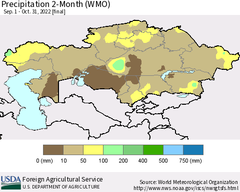 Kazakhstan Precipitation 2-Month (WMO) Thematic Map For 9/1/2022 - 10/31/2022