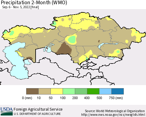 Kazakhstan Precipitation 2-Month (WMO) Thematic Map For 9/6/2022 - 11/5/2022