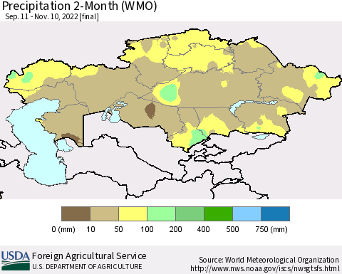 Kazakhstan Precipitation 2-Month (WMO) Thematic Map For 9/11/2022 - 11/10/2022