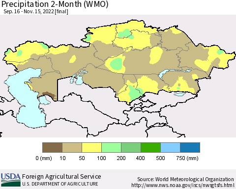 Kazakhstan Precipitation 2-Month (WMO) Thematic Map For 9/16/2022 - 11/15/2022