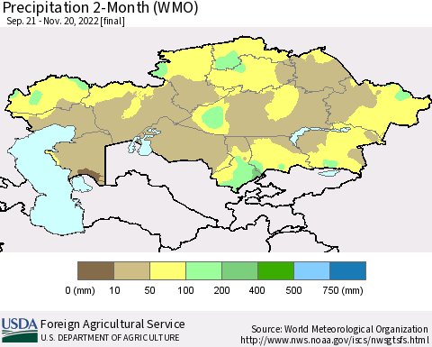 Kazakhstan Precipitation 2-Month (WMO) Thematic Map For 9/21/2022 - 11/20/2022
