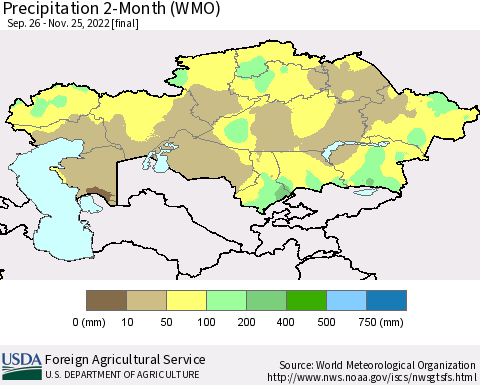 Kazakhstan Precipitation 2-Month (WMO) Thematic Map For 9/26/2022 - 11/25/2022