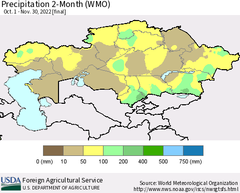 Kazakhstan Precipitation 2-Month (WMO) Thematic Map For 10/1/2022 - 11/30/2022