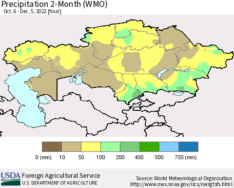Kazakhstan Precipitation 2-Month (WMO) Thematic Map For 10/6/2022 - 12/5/2022