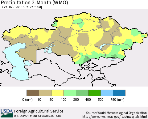 Kazakhstan Precipitation 2-Month (WMO) Thematic Map For 10/16/2022 - 12/15/2022