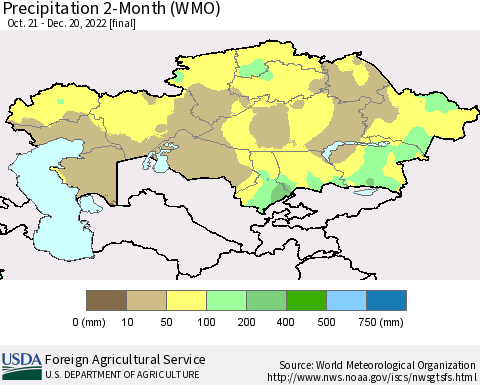 Kazakhstan Precipitation 2-Month (WMO) Thematic Map For 10/21/2022 - 12/20/2022