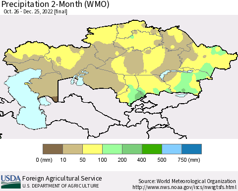 Kazakhstan Precipitation 2-Month (WMO) Thematic Map For 10/26/2022 - 12/25/2022