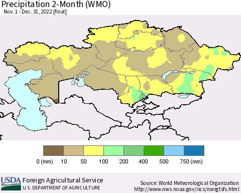 Kazakhstan Precipitation 2-Month (WMO) Thematic Map For 11/1/2022 - 12/31/2022