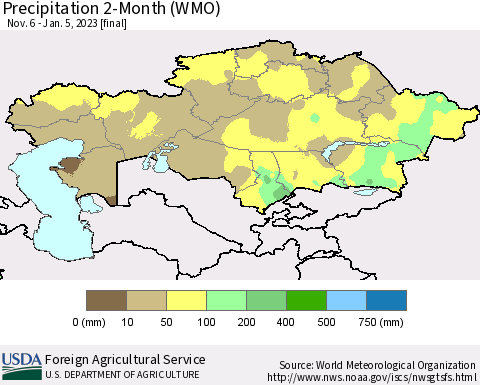 Kazakhstan Precipitation 2-Month (WMO) Thematic Map For 11/6/2022 - 1/5/2023