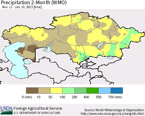 Kazakhstan Precipitation 2-Month (WMO) Thematic Map For 11/11/2022 - 1/10/2023