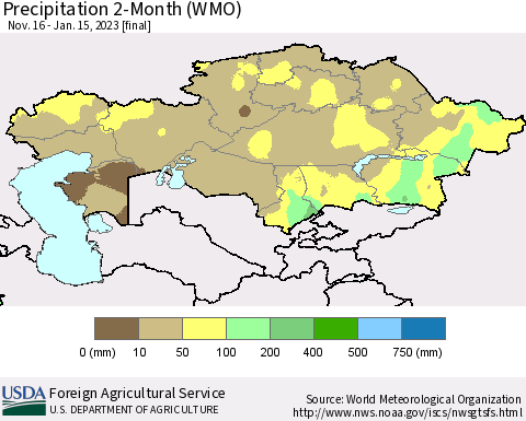 Kazakhstan Precipitation 2-Month (WMO) Thematic Map For 11/16/2022 - 1/15/2023