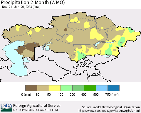Kazakhstan Precipitation 2-Month (WMO) Thematic Map For 11/21/2022 - 1/20/2023