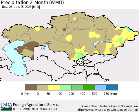 Kazakhstan Precipitation 2-Month (WMO) Thematic Map For 11/26/2022 - 1/25/2023