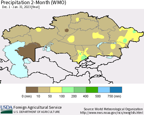 Kazakhstan Precipitation 2-Month (WMO) Thematic Map For 12/1/2022 - 1/31/2023