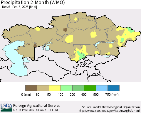 Kazakhstan Precipitation 2-Month (WMO) Thematic Map For 12/6/2022 - 2/5/2023