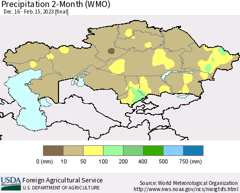 Kazakhstan Precipitation 2-Month (WMO) Thematic Map For 12/16/2022 - 2/15/2023