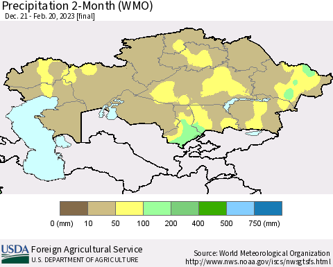 Kazakhstan Precipitation 2-Month (WMO) Thematic Map For 12/21/2022 - 2/20/2023