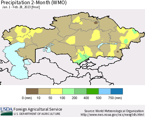 Kazakhstan Precipitation 2-Month (WMO) Thematic Map For 1/1/2023 - 2/28/2023
