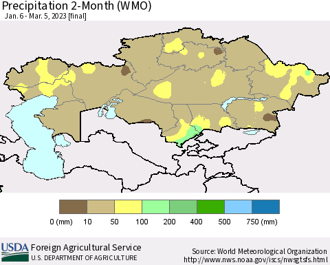 Kazakhstan Precipitation 2-Month (WMO) Thematic Map For 1/6/2023 - 3/5/2023