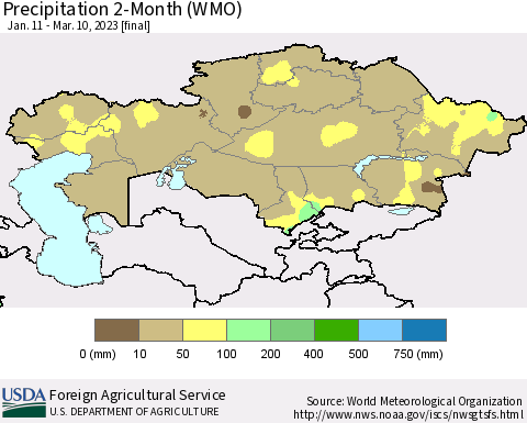 Kazakhstan Precipitation 2-Month (WMO) Thematic Map For 1/11/2023 - 3/10/2023