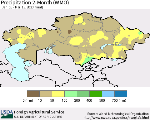 Kazakhstan Precipitation 2-Month (WMO) Thematic Map For 1/16/2023 - 3/15/2023