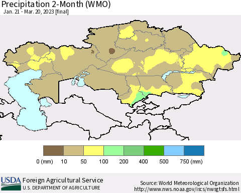 Kazakhstan Precipitation 2-Month (WMO) Thematic Map For 1/21/2023 - 3/20/2023