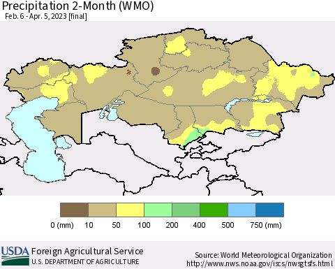 Kazakhstan Precipitation 2-Month (WMO) Thematic Map For 2/6/2023 - 4/5/2023
