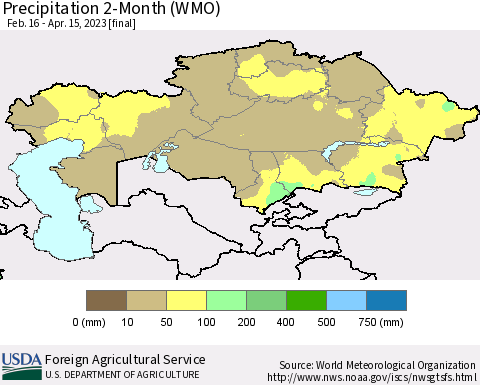 Kazakhstan Precipitation 2-Month (WMO) Thematic Map For 2/16/2023 - 4/15/2023